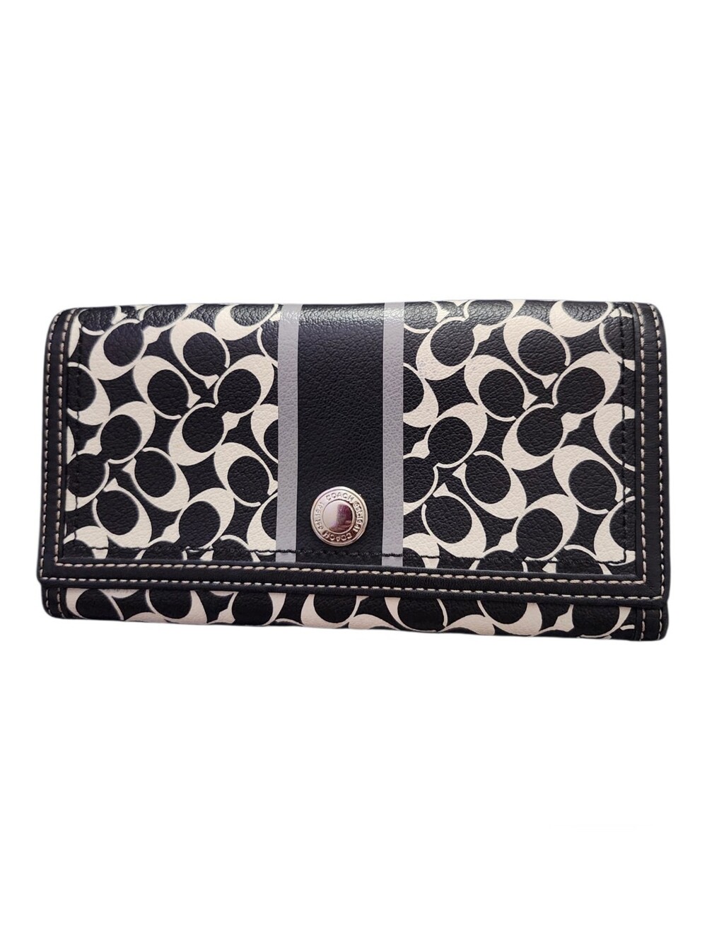 Coach Signature Black & Ivory Wallet with Center Stripe